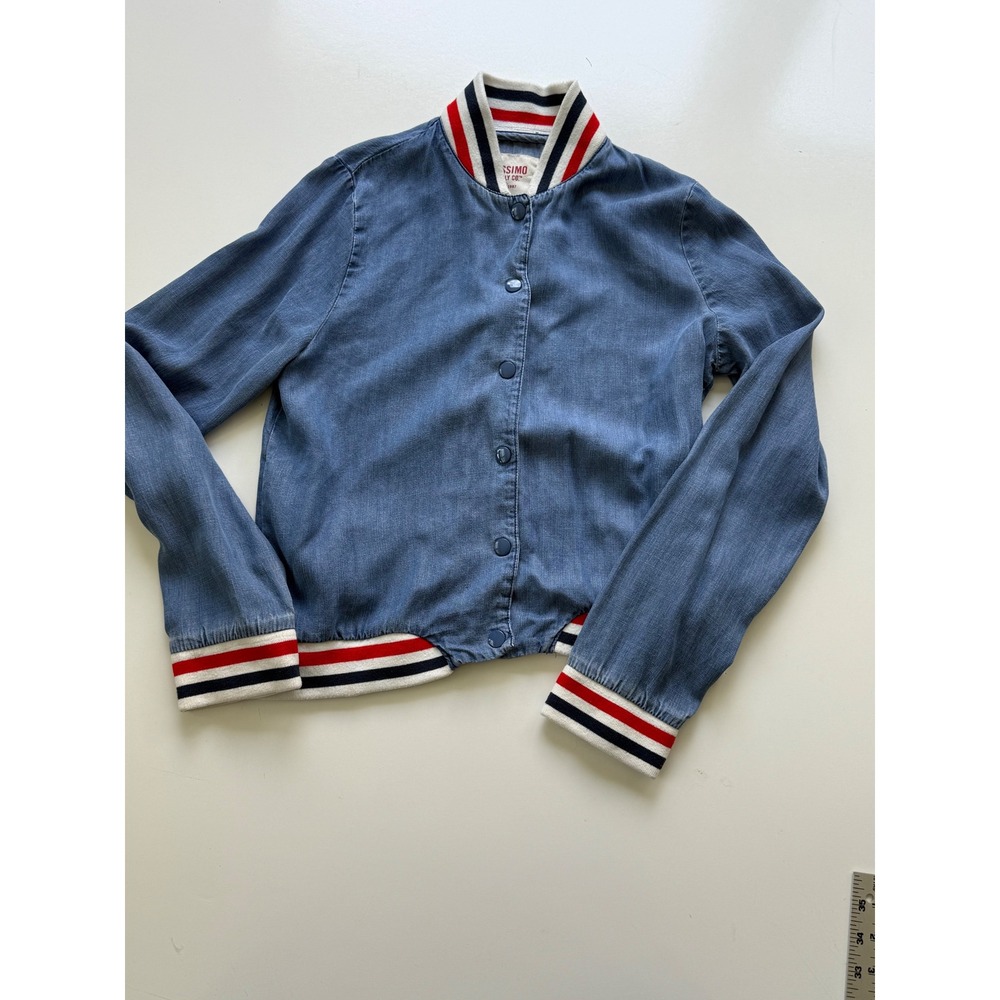 Mossimo Supply Co Womens XS Denim Bomber Jacket Blue Varsityβ Stripe Snap Front